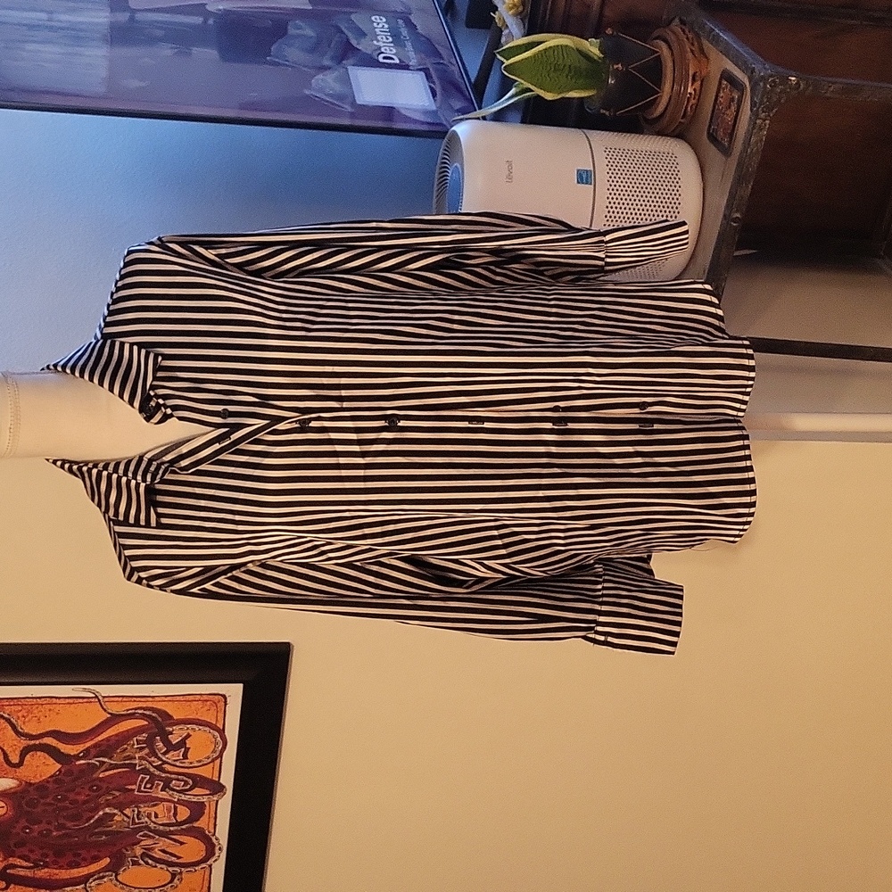 Miou Muse Black Striped Silk-Like Long Sleeve Button-up Shirt